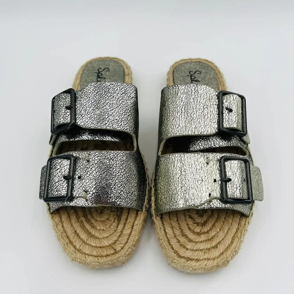 Splendid Blake Buckle Slide Nickel Metallic Crackle Leather Espadrilles  Size 7